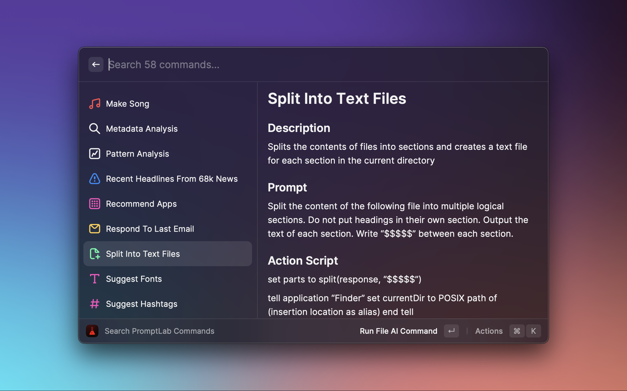 Preview of Search PromptLab Commands showing the default command 'Split Into Text Files'